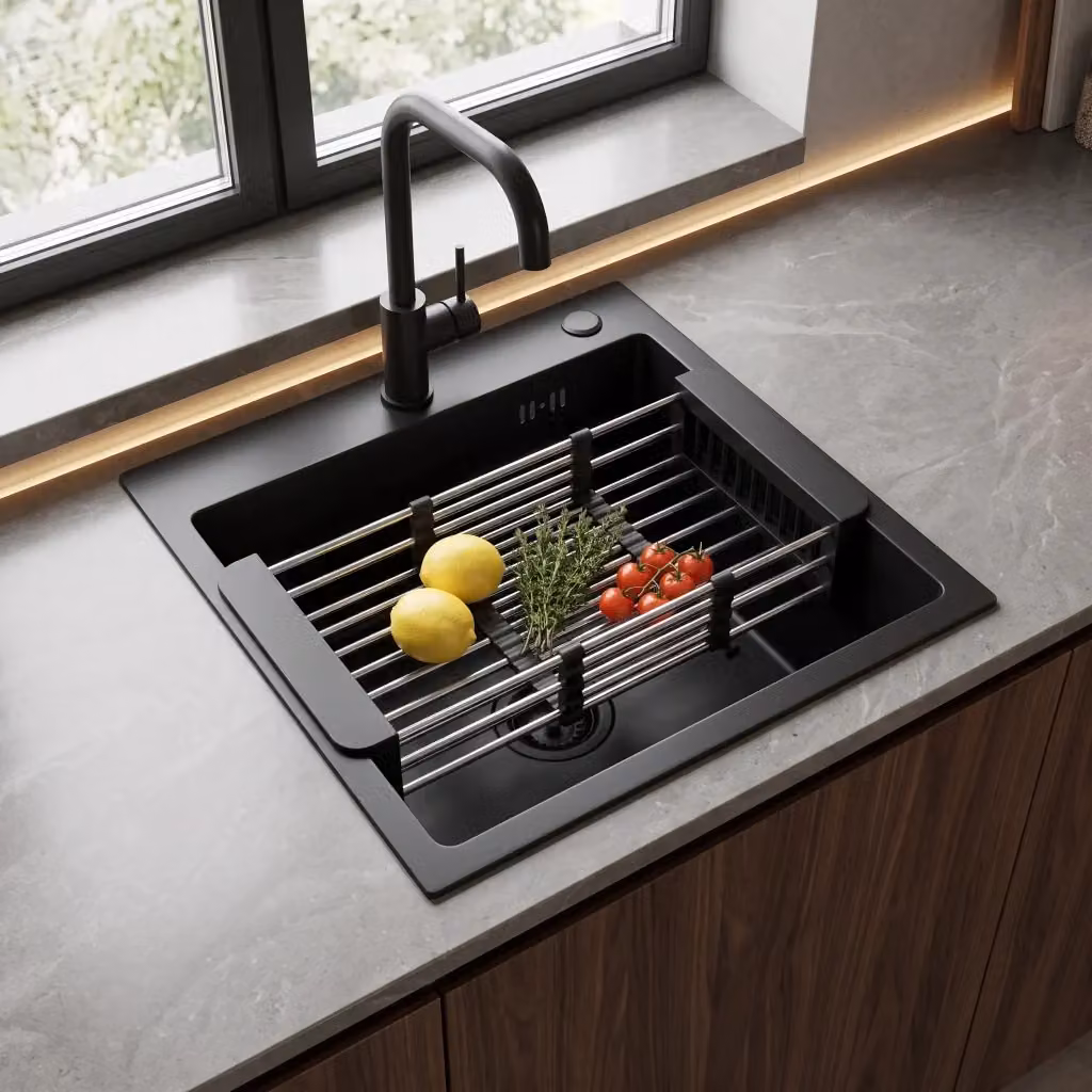 Lavello in acciaio inossidabile Rea Leo 40 Black con set di 3 accessori grigi e design rettangolare estensibile – 2