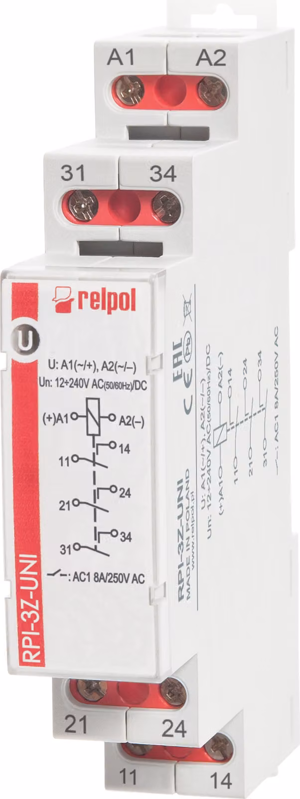 Relè di installazione da 12 V a 240 V CA/CC, 8 A, 3 contatti di chiusura, relè di commutazione, guida DIN RPI-3Z-UNI