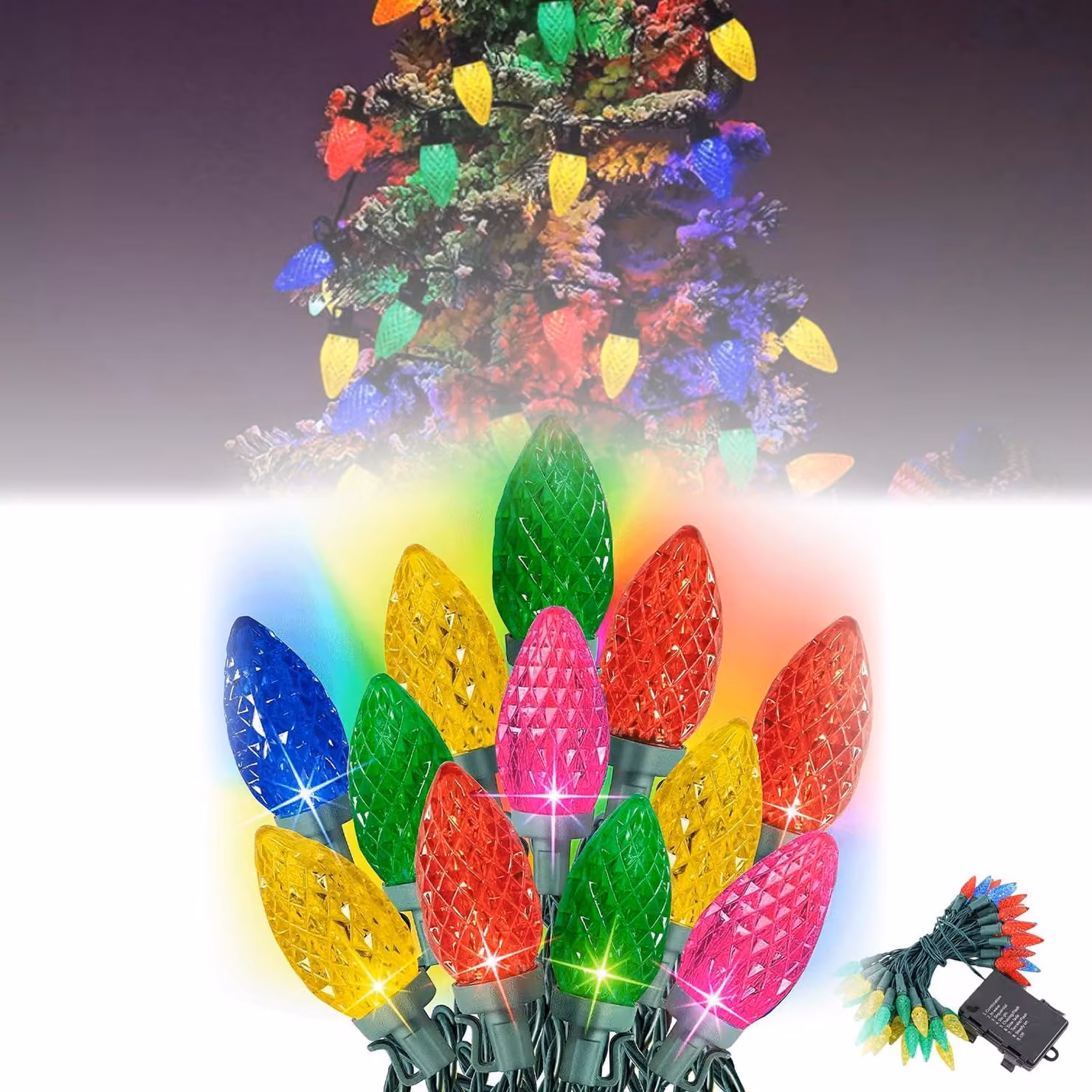 Set di 2 catene luminose, 50 LED, multicolore, 5 metri, alimentazione a batteria, grado di protezione IP44