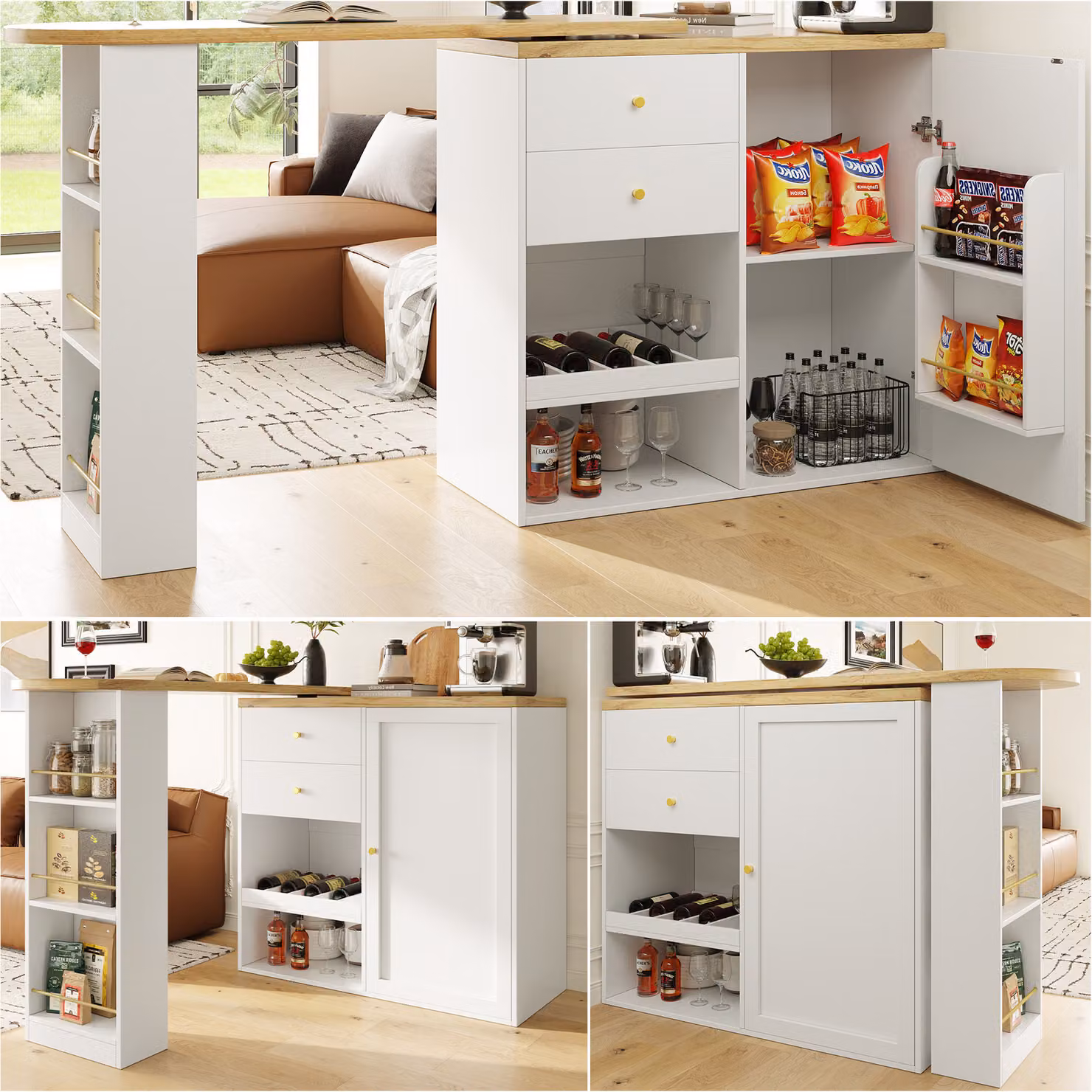 Flieks tavolo da pranzo tavolo da bar girevole a 360 gradi, tavolo da cucina tavolo da sala da pranzo con armadio, tavolo da bar con scaffale, portabottiglie e cassetti, bianco