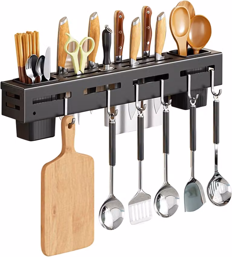 Ripiano da parete per cucina in acciaio inossidabile, con 6 ganci rimovibili, resistente all'acqua, 60 cm, ideale per l'organizzazione della cucina