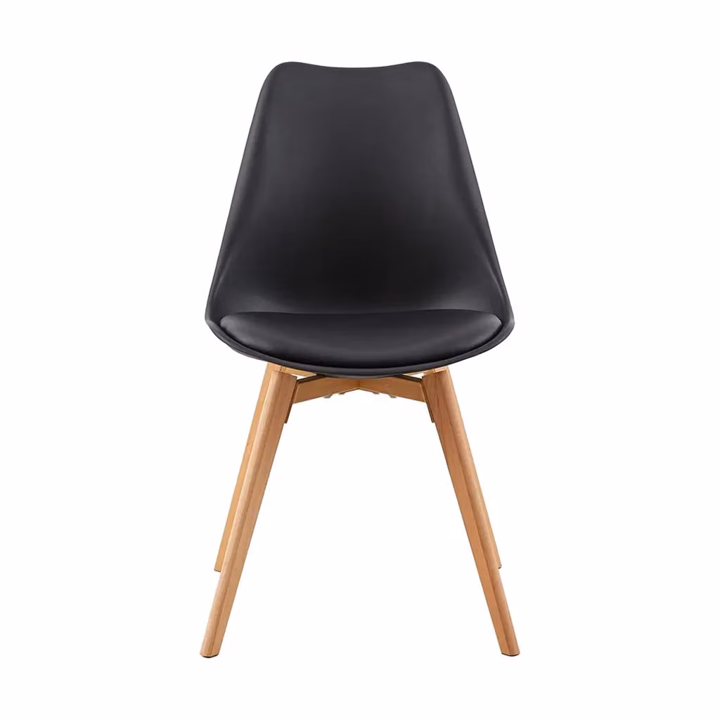 Set di 4 sedie WYNWOOD in polipropilene nero, cuscino ecopelle, gambe in legno di faggio, 47x52x82 cm