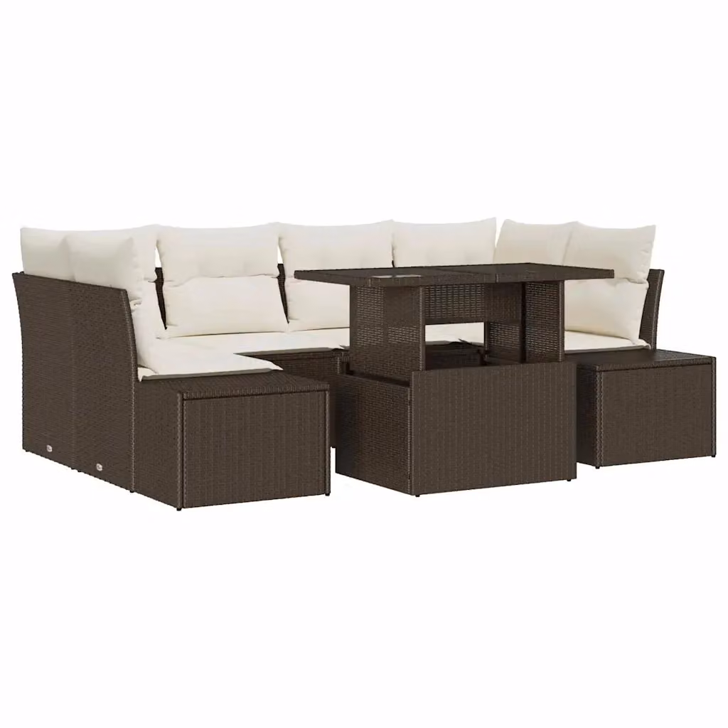 Set di divani da giardino vidaXL in polyrattan marrone e beige con cuscini, forma a U, 7 pezzi – 2