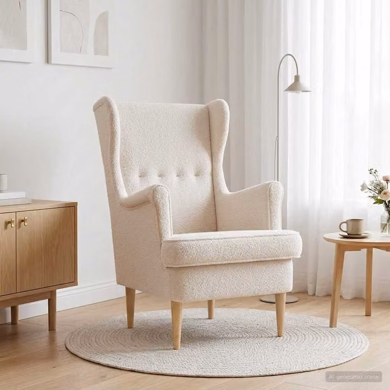 Poltrona Lounge moderna vidaXL in tessuto Bouclé beige e bianco con braccioli e struttura in legno e metallo