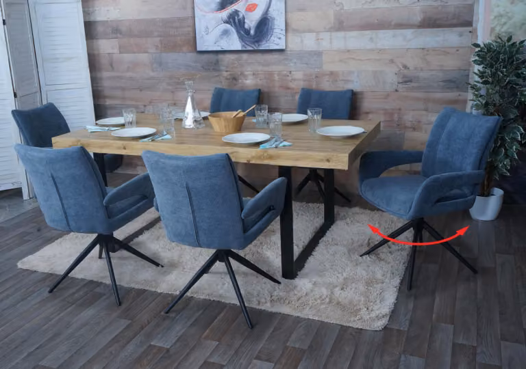 Set di 6 sedie da pranzo modello HWC-O78, sedia da cucina, girevole con sistema di ritorno automatico, rivestita in tessuto chenille (310g/m²), colore grigio-blu