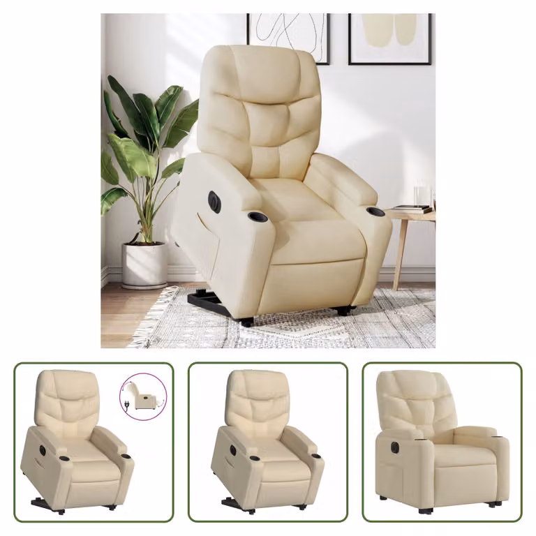 The Living Store Poltrona relax con supporto elettrico in tessuto crema
