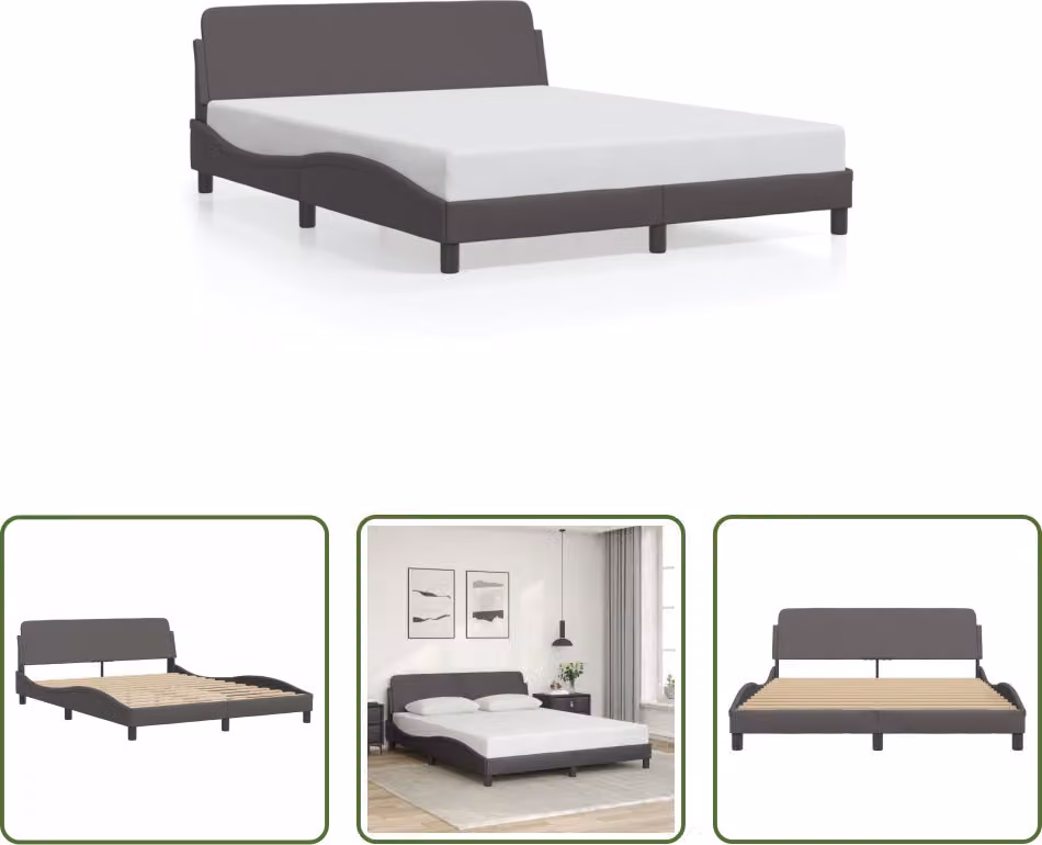 The Living Store Giroletto con testiera grigio 160x200 cm in ecopelle