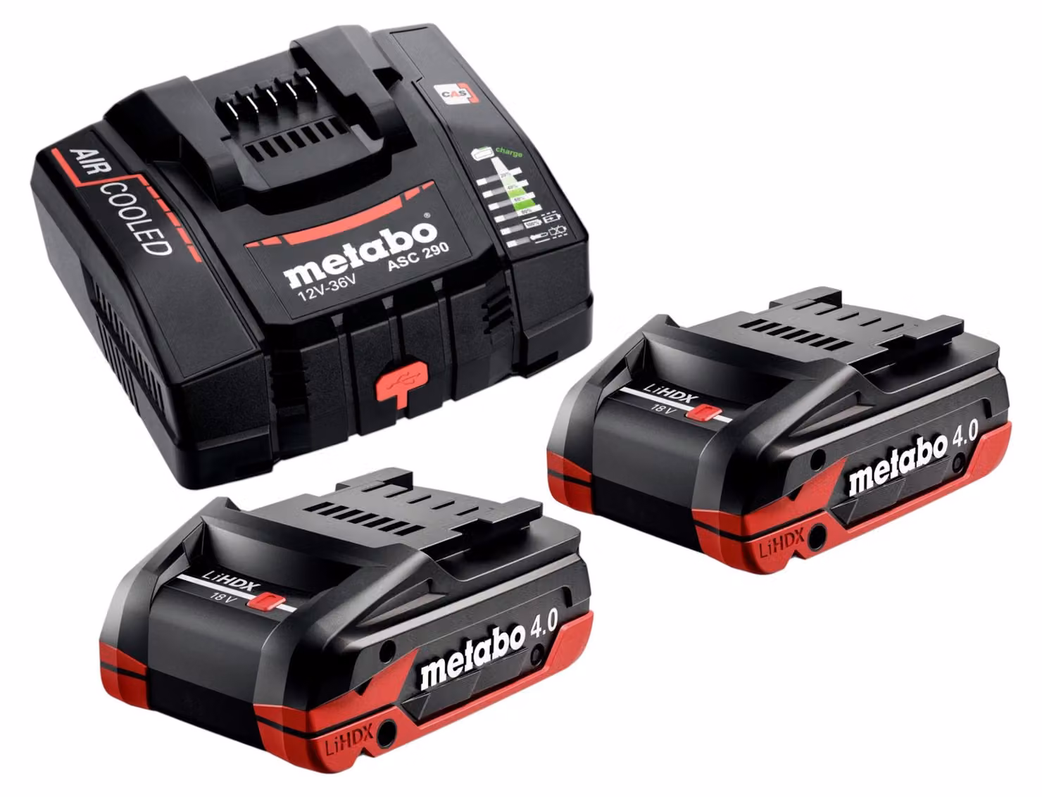 Set base Metabo 2x batteria LiHDX 18 V 4,0 Ah ( 2x 624974000 ) + caricatore ASC 290 ( 627370000 )