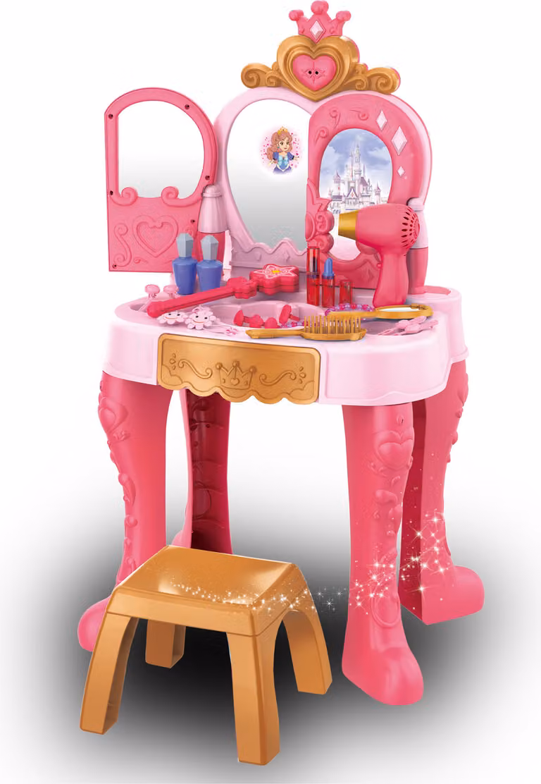 Tavolino da toilette con sgabello per bambini - Tavolino da toilette da principessa - Bacchetta magica con sensore - Accessori inclusi - 47x27x68cm