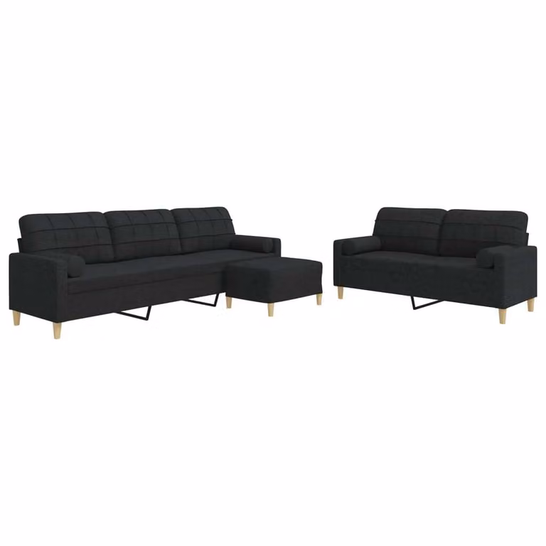 Set Divani 3 pz con Poggiapiedi e Cuscini Nero in Tessuto