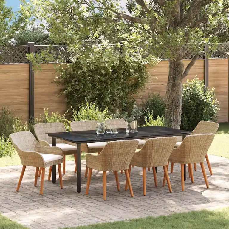 Set da pranzo per giardino e terrazza vidaXL in polyrattan e vetro, 9 pezzi, beige e nero