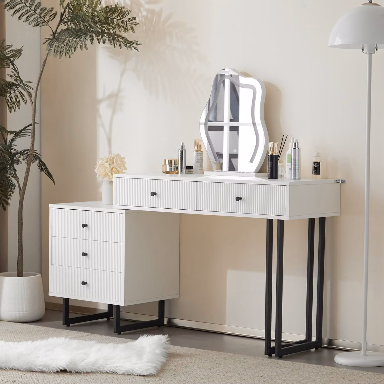 STILVORA: toletta con 5 cassetti, tavolino con luci a LED e specchio, comò da trucco con piano d'appoggio estraibile, senza sgabello, bianco