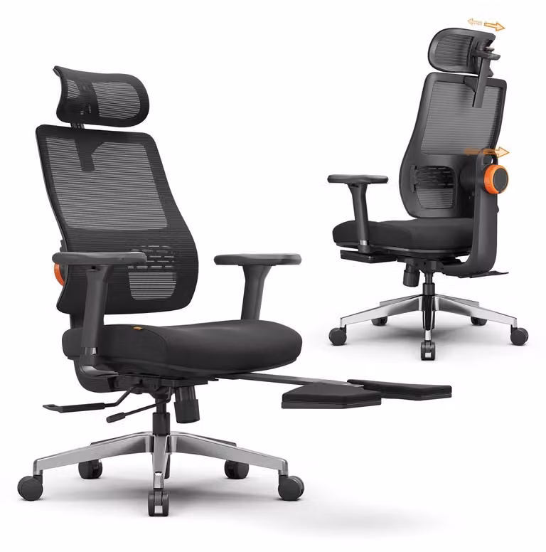 MagicH-BPRO - Sedia da ufficio - Schienale in rete con inclinazione automatica - Supporto lombare adattivo con 4 posizioni di bloccaggio - Poggiapiedi - Poggiatesta regolabile di 15 cm - Inclinazione 96–136°