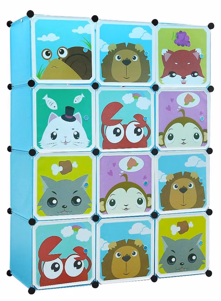 Armadio componibile a 12 scomparti, in plastica, colore blu, dimensioni 111x37x147 cm