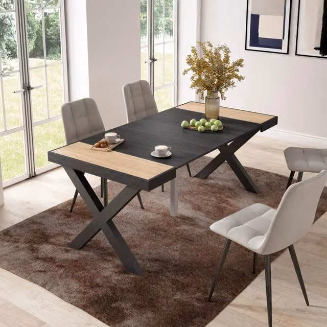 Consolle allungabile, 58 fino 180x90x73cm, Per 8 persone, Gambe in legno, colore Rovere e nero RF2763