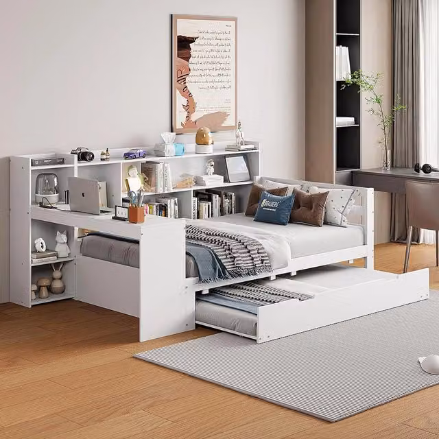 Divano letto-Xylo-90x200 cm-scrivania, scaffali, presa, legno bianco