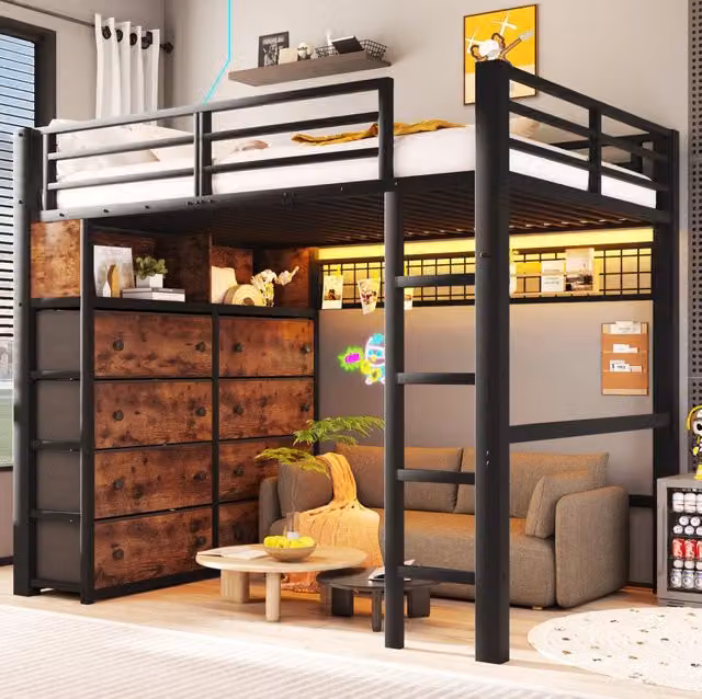 Letto a soppalco 140x200 cm nero con 8 cassetti, LED e scaffali