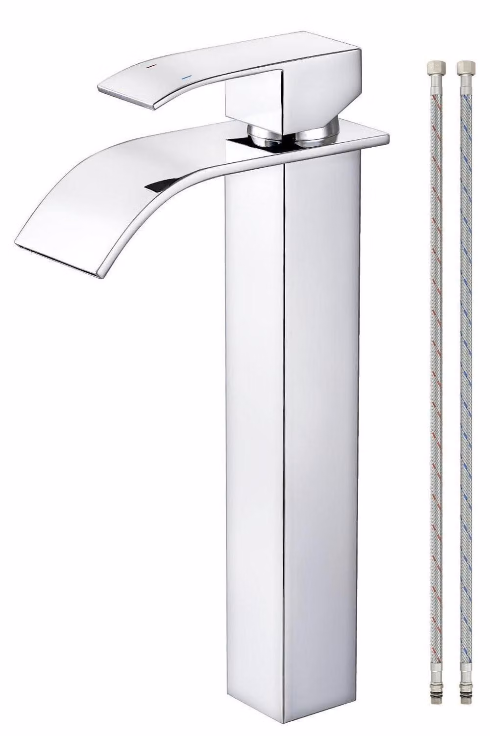 Miscelatore monocomando per lavabo, acciaio inossidabile, finitura cromata, con erogatore a cascata, altezza 224 mm