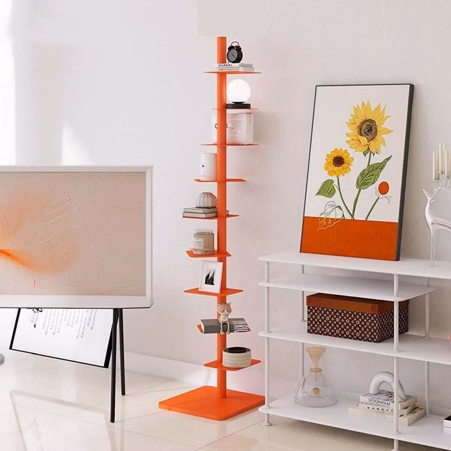 Libreria a 9 ripiani, in metallo, angolare, girevole, colore arancione, altezza 175 cm