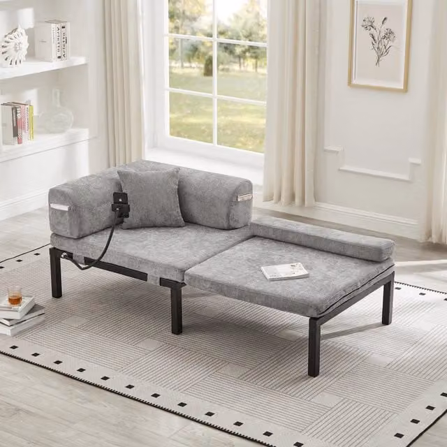 Letto divano estraibile singolo in velluto grigio chiaro, struttura in legno massiccio, senza materasso