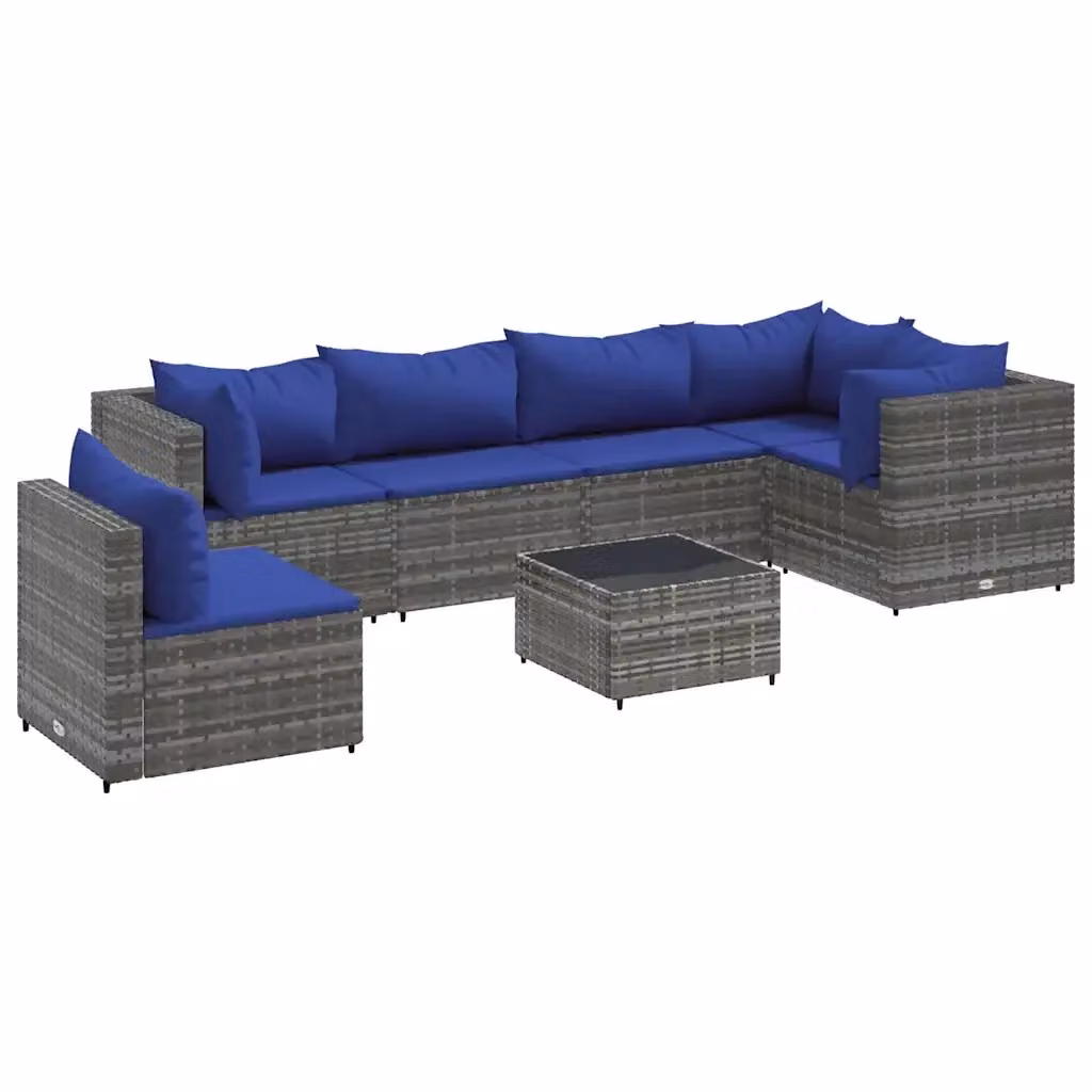 vidaXL Set Divani da Giardino 7 pz a Forma a L con Tavolino in Vetro e Cuscini Blu e Grigio – 2