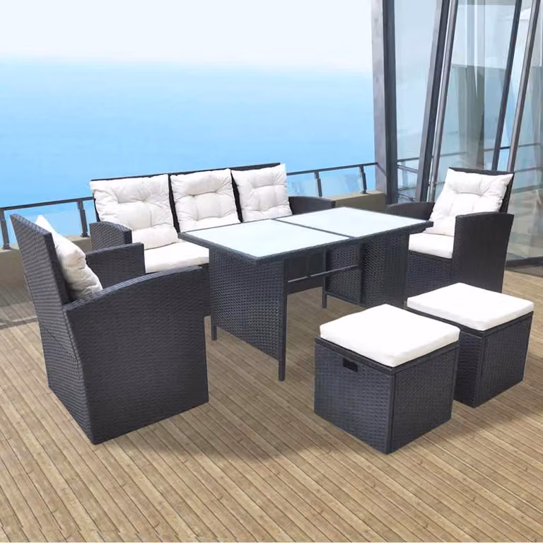 Set da Pranzo da Giardino vidaXL in Polyrattan Nero con Cuscini e Tavolo in Vetro per 7 Persone