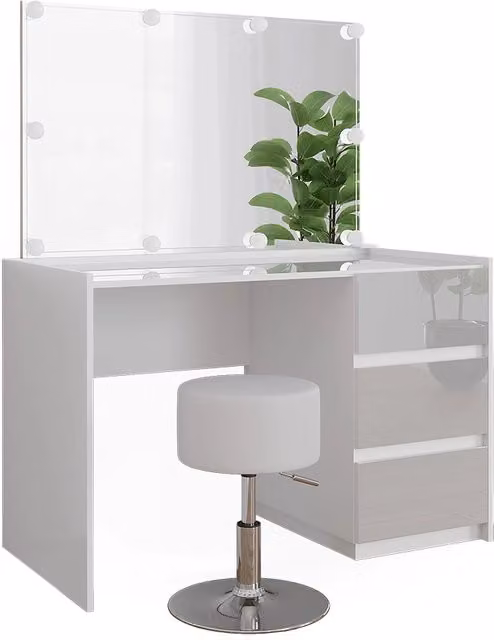 Tavolo da toilette Marla Bianco lucido 120 cm con specchio, catena luminosa LED e sgabello Vicco