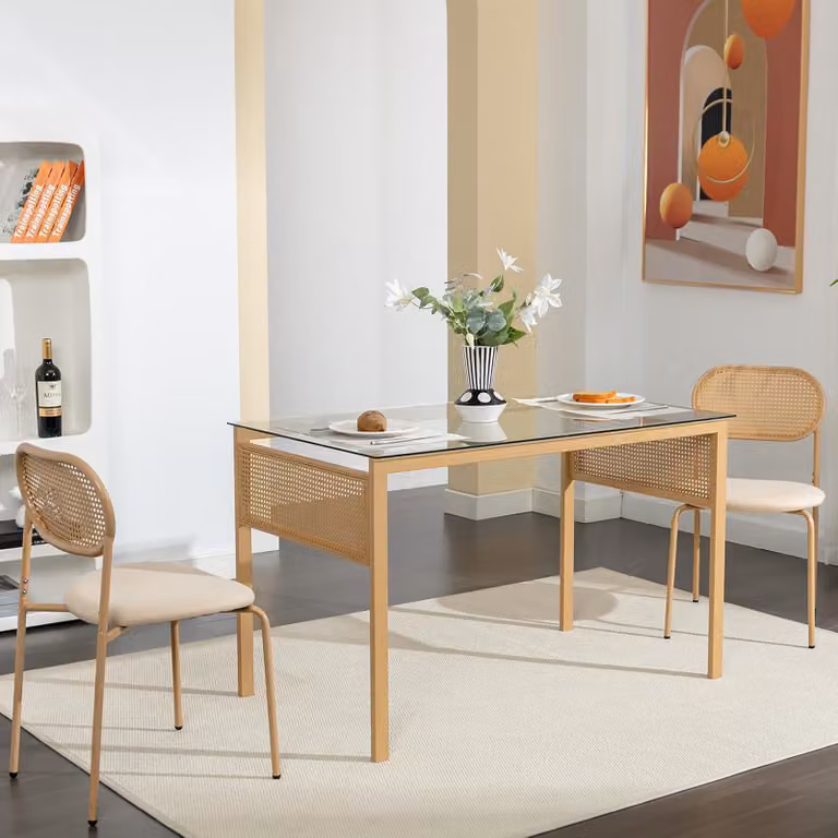 CDGlobal set di 2 sedie per sala da pranzo, sedia da cucina con schienale in rattan, sedia da soggiorno con struttura in metallo, sedia in rattan per sala da pranzo (47,75x45,97x79,75 cm)