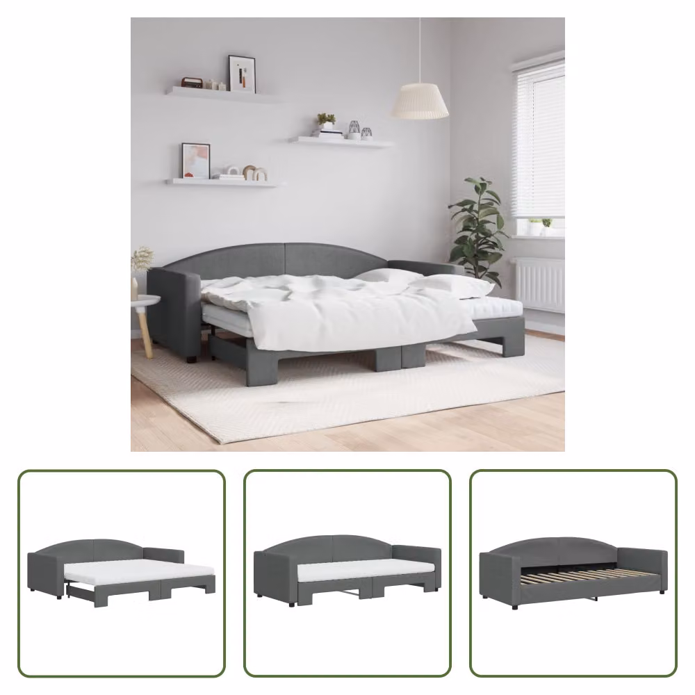 The Living Store Letto da giorno allungabile con materassi grigio scuro 90x200 cm in tessuto