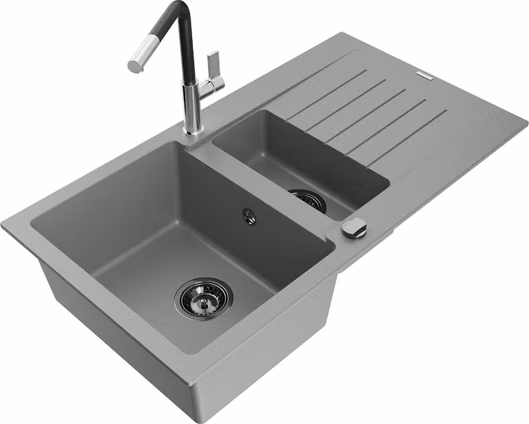 Mexen Matias lavello in granito da 1,5 vasche con scolapiatti e miscelatore cucina Flora, grigio - 6502-71-670401-07-B