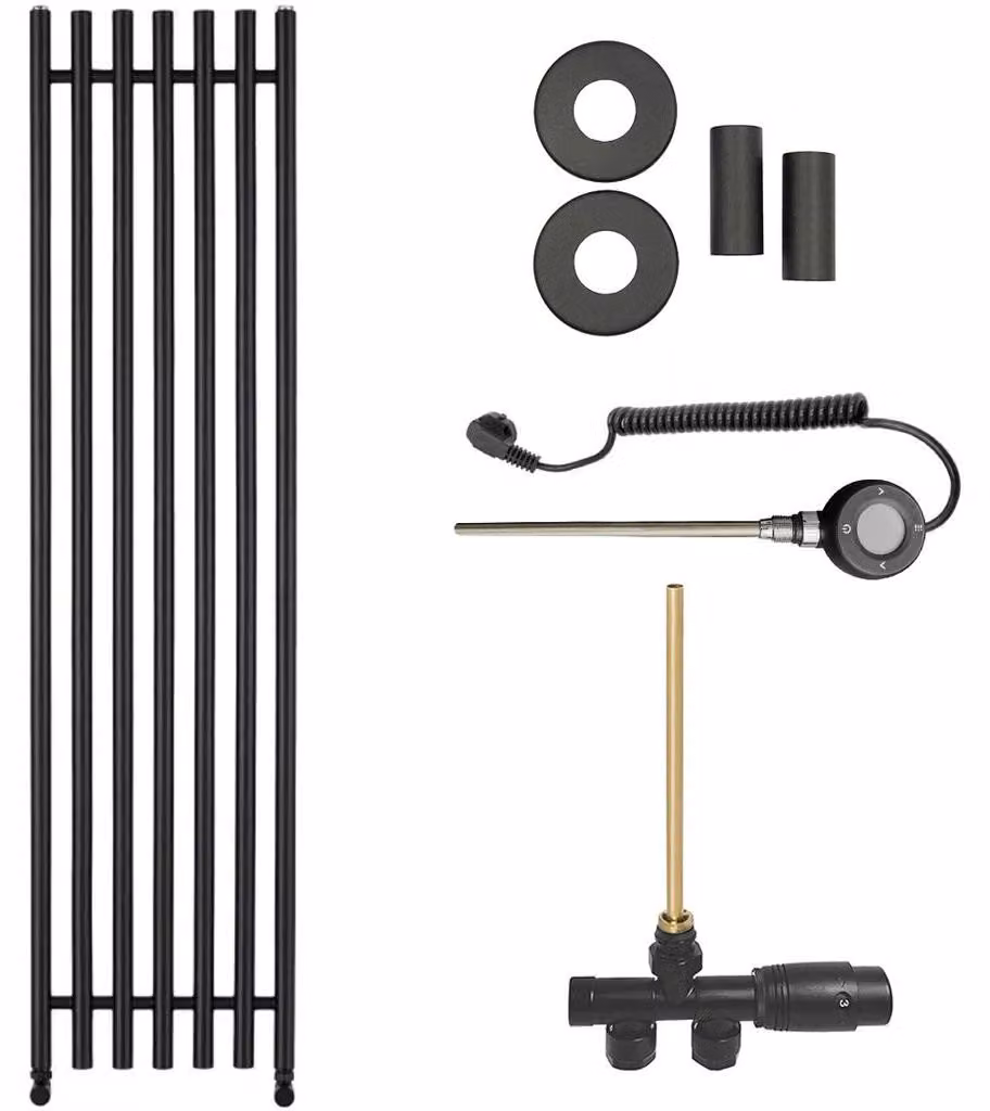 CERANO - Set di radiatori da bagno Valerio - riscaldamento combinato, asta Wi-Fi - attacco laterale a punto singolo - 872 W - nero opaco - 1560 x 390 mm