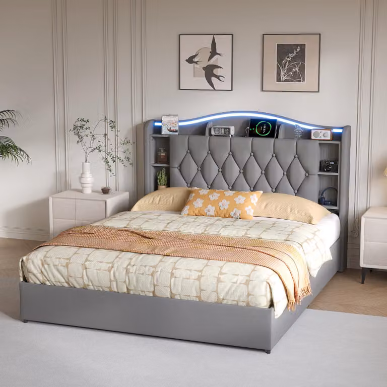 Letto matrimoniale con boxspring, imbottito, 140x190 cm, con illuminazione LED e porte USB/C, con sistema di sollevamento idraulico e spazio contenitivo, struttura letto grigia in velluto