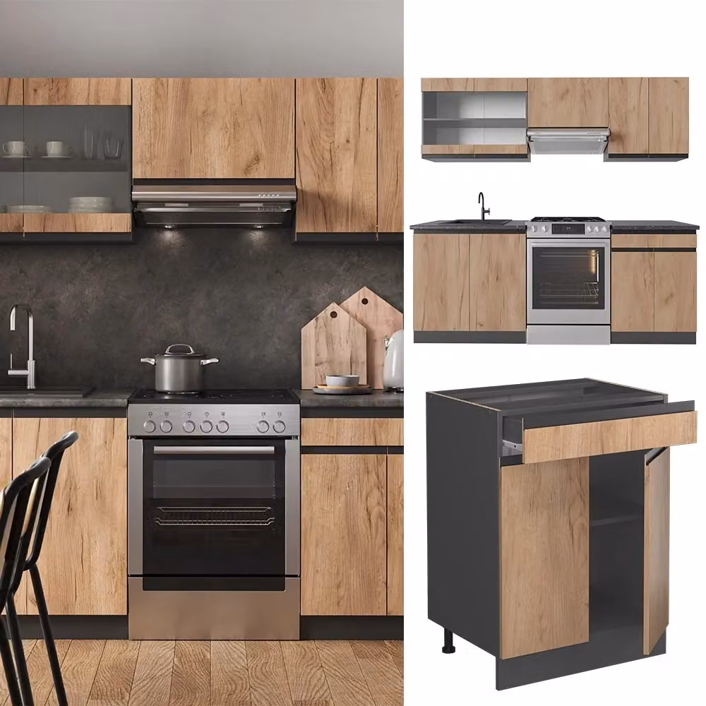 Cucina componibile moderna Vicco R-Line in legno Rovere e Antracite, Larghezza: 200 cm – 2