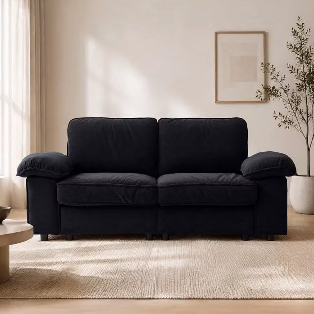 Divano a 2 posti MIVRAY con vano contenitore, rivestimento in tessuto nero e braccioli imbottiti, L: 136 cm, P: 61 cm, H: 82 cm
