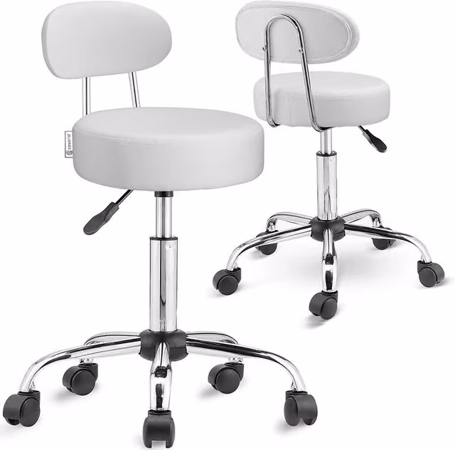 Set di 2 sgabelli Roll Casaria® bianchi girevoli a 360° con schienale e ruote in ecopelle