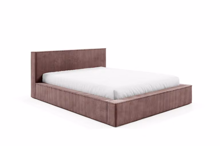 Letto imbottito Sofello Simple, forma moderna, FILO rosa cipria, 140x200, realizzato in tessuto di velluto a coste con base a doghe in legno con funzione di sollevamento. Design moderno in colori di tendenza, con vano contenitore.