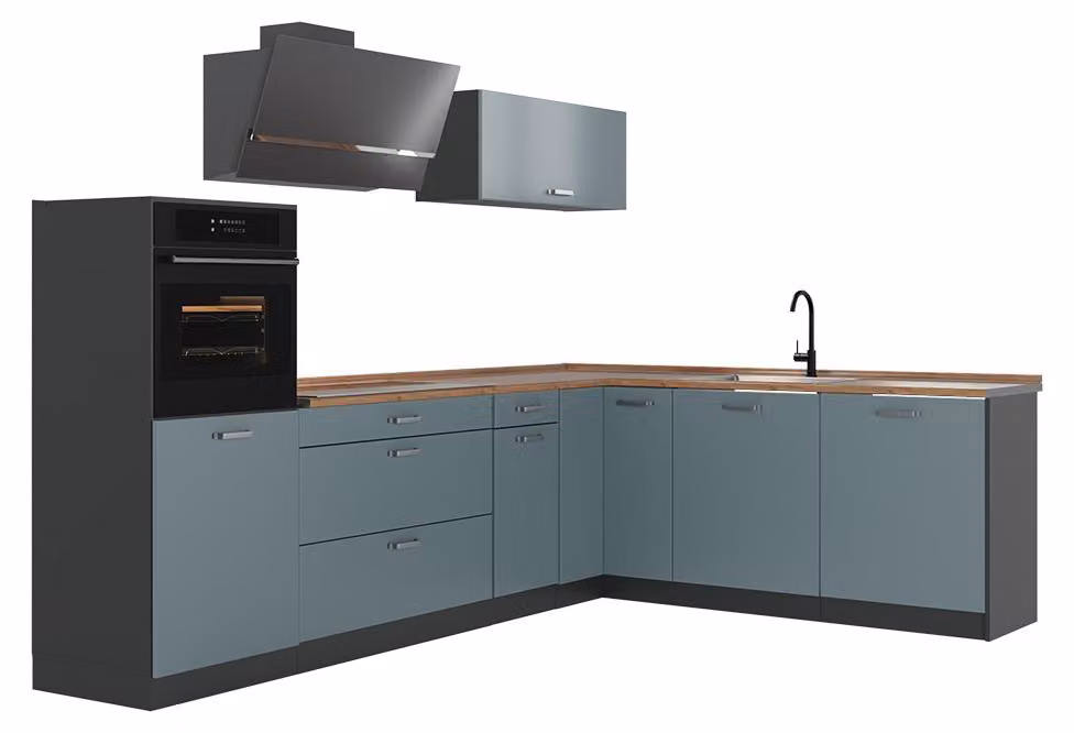 Cucina angolare completa Vicco R-Line Grigio-blu/Antracite 287 x cm piano di lavoro Rovere dorato, Model 67526