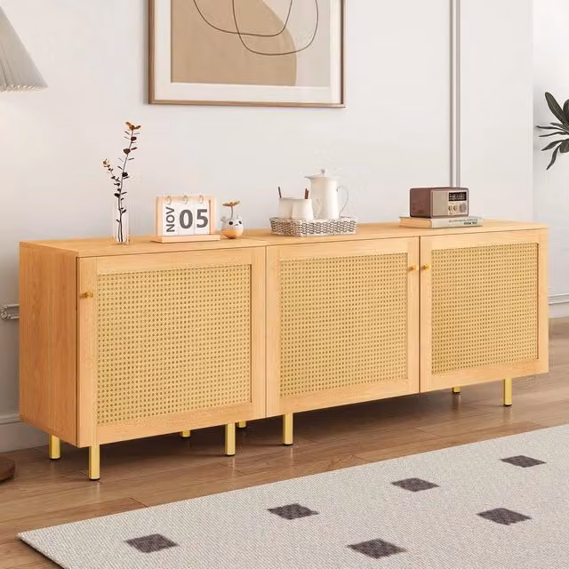 Credenza con Ante e Rattan ¨C MINIMAL ¨C Legno Naturale, 180x63x40 cm