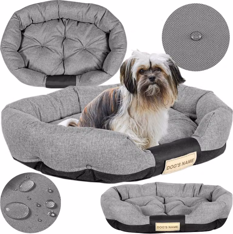 Cuccia per cani a forma di divano, 130 x 105 cm, spazio per il nome, lettiera, cuscini, divanetto, recinzione, ovale, grigio