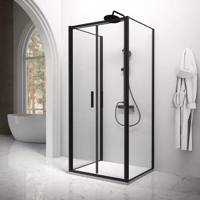 Box doccia tre lati 80x80x80cm con porta saloon profili nero opaco e vetro 6mm trasparente h190 | Portofino