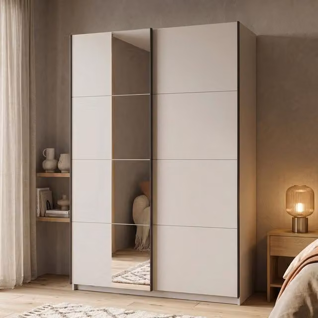 Armadio da camera da letto moderno DMORA con ante scorrevoli e specchio, Bianco Opaco, L: 145.5 cm, H: 217.5 cm