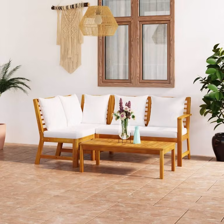 The Living Store Set da giardino 4 pezzi con cuscini in legno massiccio di acacia color crema