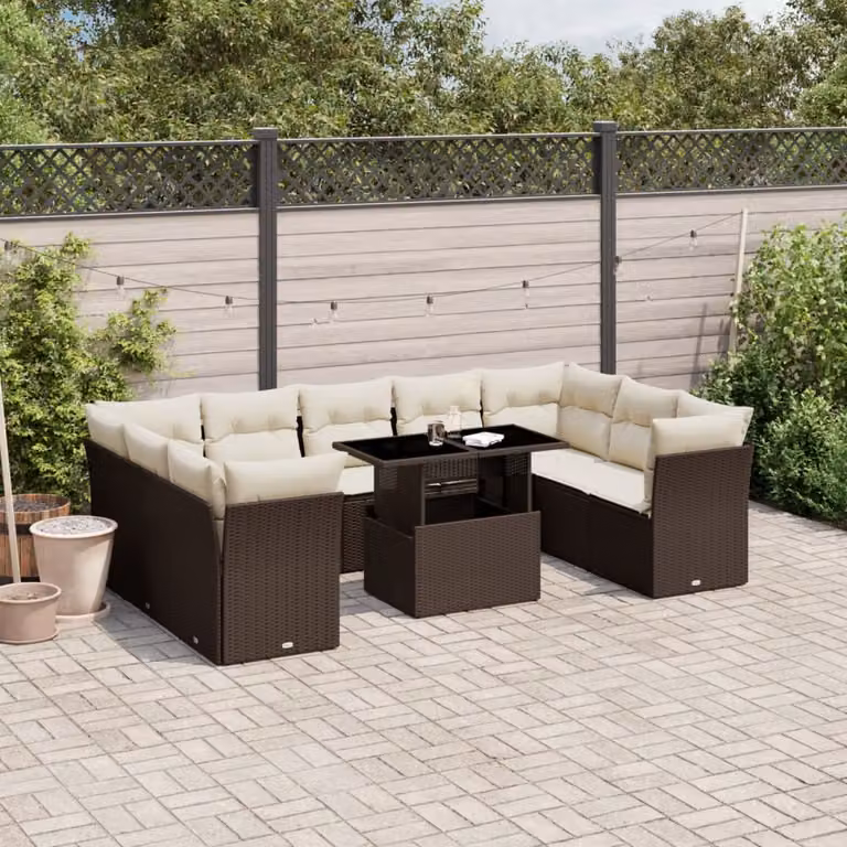 Set di Divani da Giardino vidaXL a Forma di L con Cuscini e Tavolino, Polyrattan Marrone e Bianco con Struttura in Acciaio e Vetro