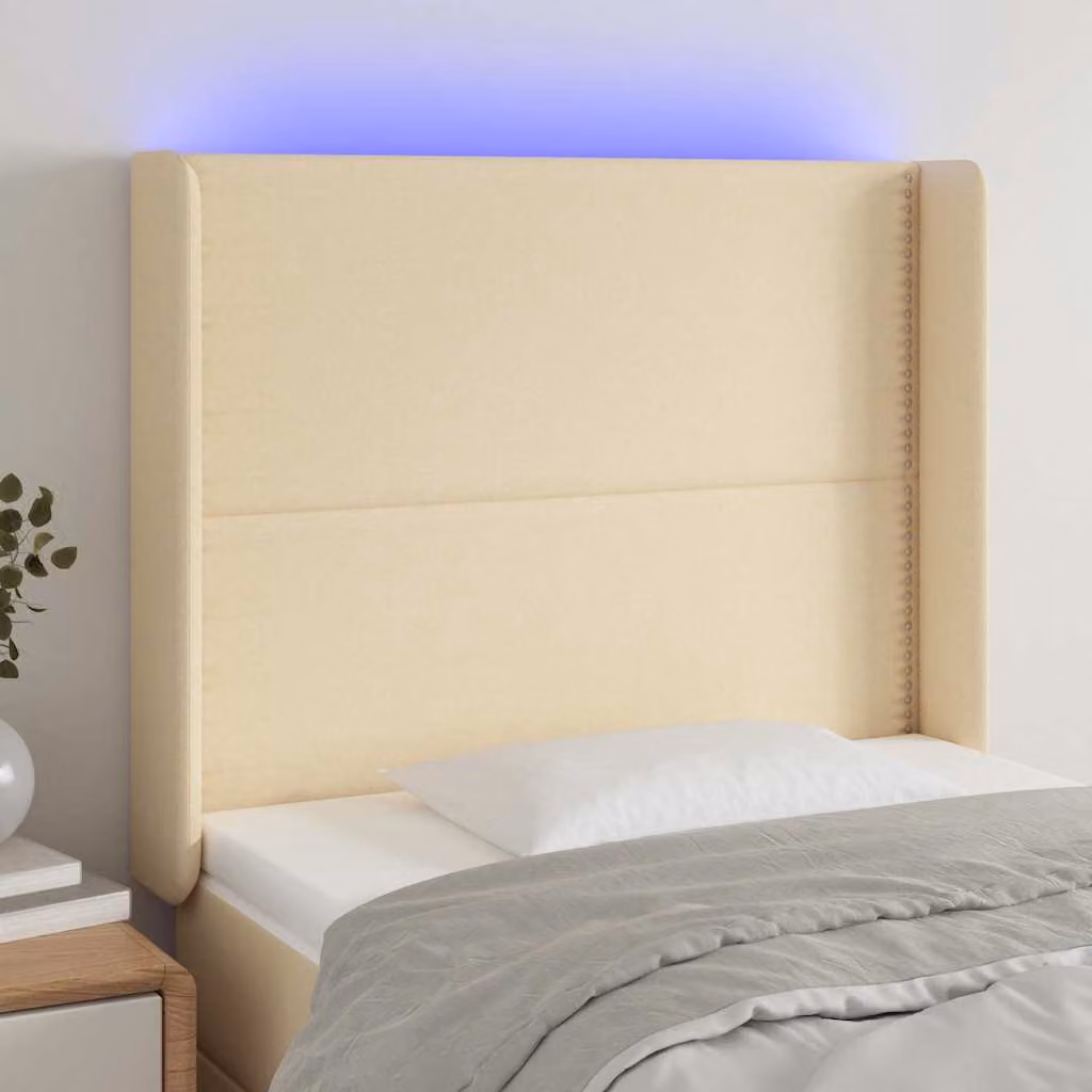 Testiera per letto vidaXL in tessuto beige con illuminazione LED e porta USB, L 103 cm, P 16 cm, H 118-128 cm