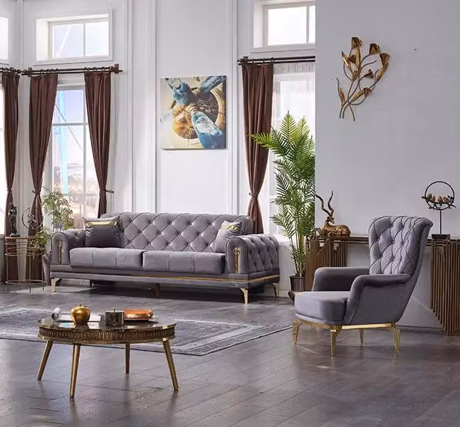 Luxus Sofa 3 Sitzer mit Sessel Couchgarnitur Wohnzimmer Chesterfield Grau