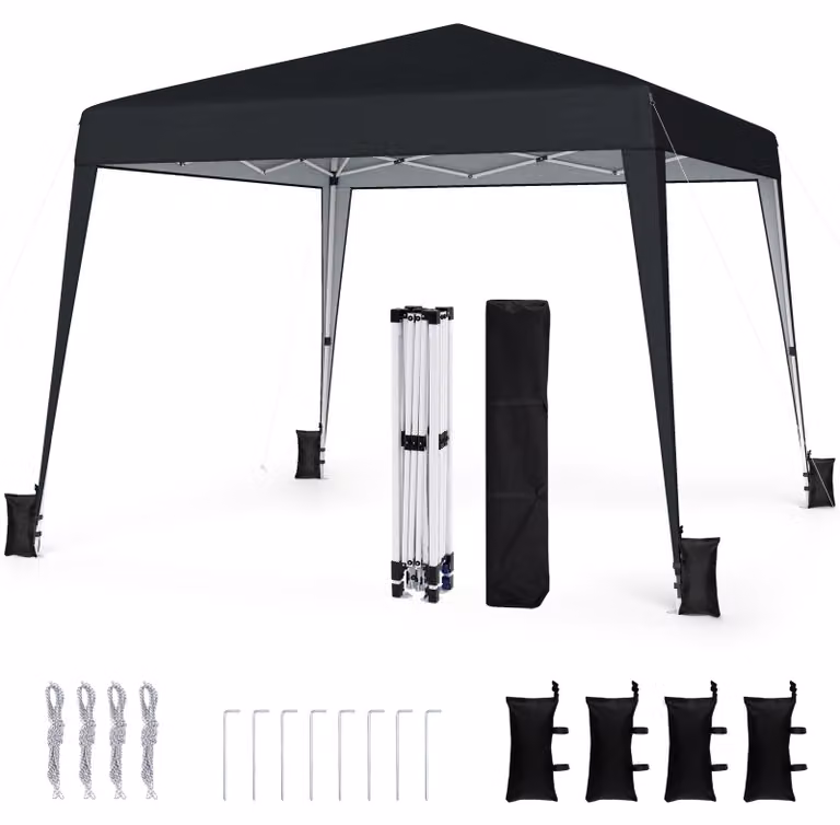 KOMFOTTEU, Gazebo pieghevole 3x3 metri, tenda da giardino pop-up con protezione solare, struttura in metallo, 4 sacchi di sabbia, cinghie antivento, picchetti, borsa per il trasporto, tenda da festa regolabile in altezza, ideale per picnic e feste (nero)