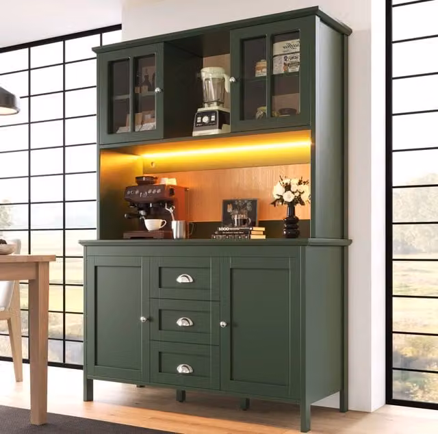 Credenza da cucina verde 120x40x179 cm con LED, vetro marrone e ripiani regolabili