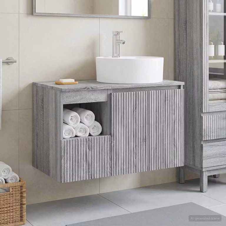 Set di mobili per il bagno moderno vidaXL composto da mobile lavabo e pensile, colore grigio Sonoma, L/P/H: 82,0 x 44,5 x 49,5 cm e 76,7 x 36,0 x 44,5 cm