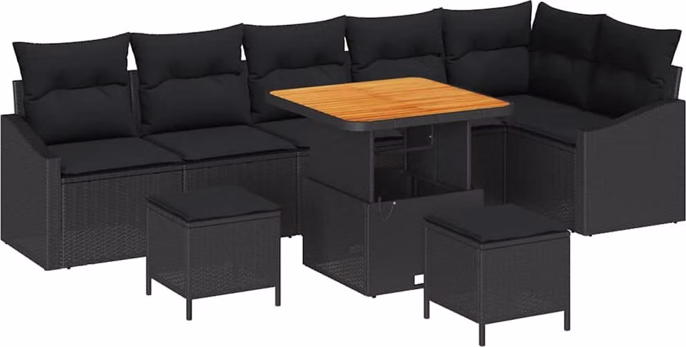 Set Divano da Giardino con cuscino 9 pcs Nero polyrattan
