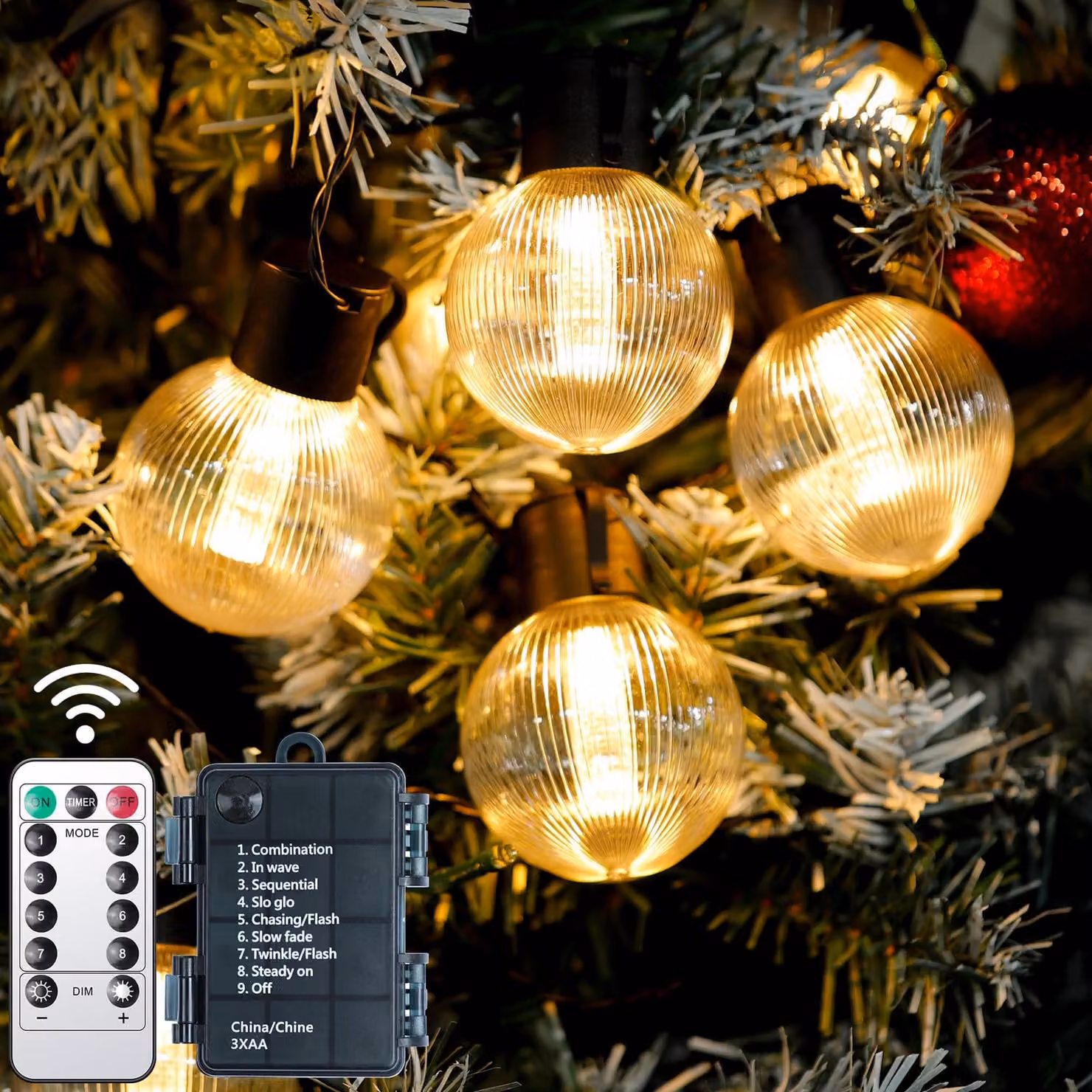 Luci decorative a LED, lunghezza 9 metri, 12 LED G60, alimentazione a batteria, grado di protezione IP64, luce bianco caldo, con timer